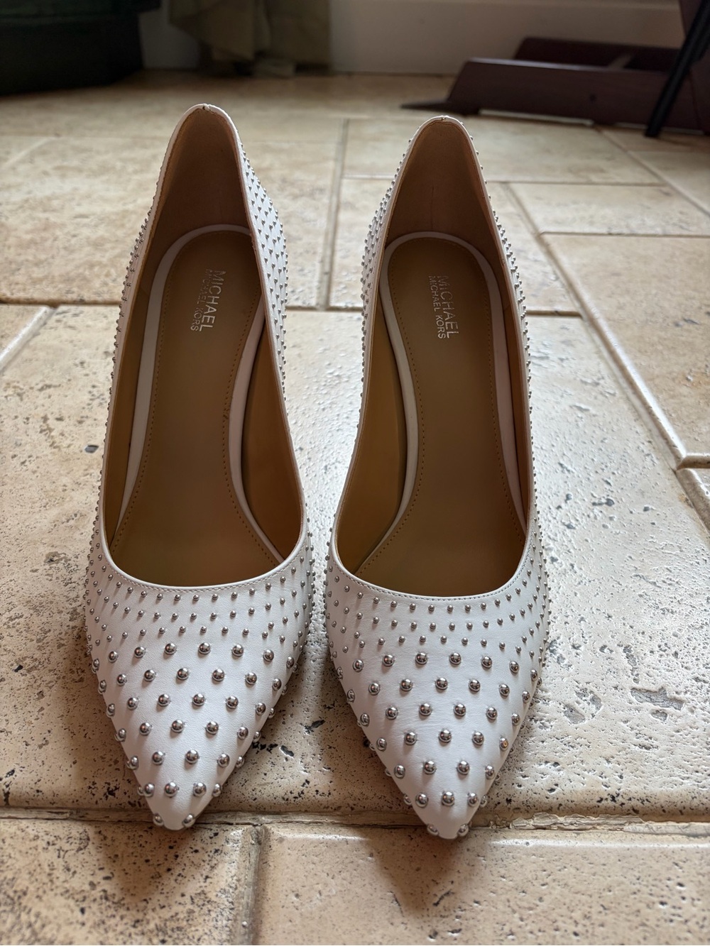 Michael Kors White Pointed-Toe Pumps with Silver Studs